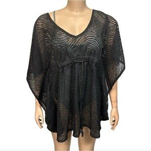 Catalina Swimsuit Cover-Up, Black Caftan Open weave V Neck Size Large 12-14